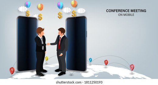 Online Communication. Businesspersons conference meeting from mobile. Business, Commitment and prevention of coronovirus, Covid-19 concept. vector illustration.
