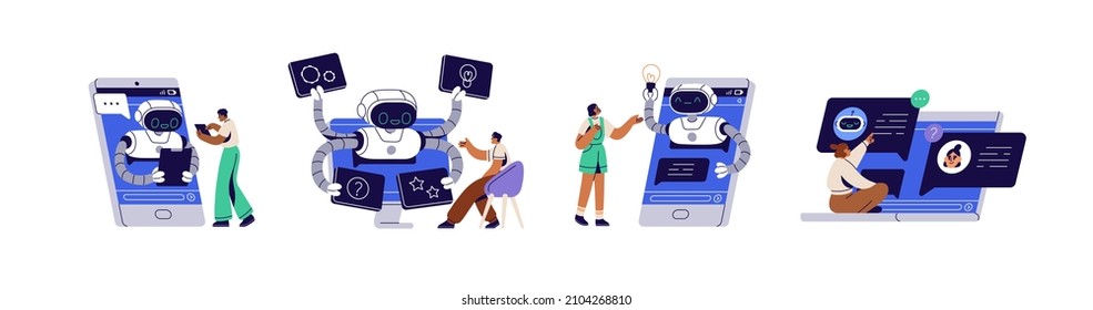 Online Communication With Chat Bot Concept. Robot Answer Customer In Chatbot Service. Dialog Between AI Assistant And User In Messenger. Flat Graphic Vector Illustration Isolated On White Background