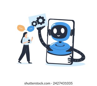 Online communication with chat bot concept. Robot answer customer in chatbot service. Dialog between AI assistant and user in messenger. Flat graphic vector illustration isolated on white background