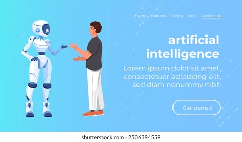 Online communication with chat bot concept. Robot answer customer in chatbot service. Dialog between AI assistant and user in messenger. Online web banner landing page AI assistant support
