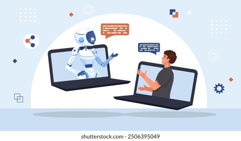 Online communication with chat bot concept. Robot answer customer in chatbot service. Dialog between AI assistant and user in messenger. Online web banner landing page AI assistant support