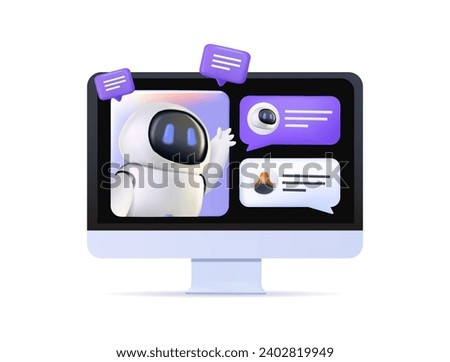 Online communication with chat bot concept 3D illustration. Robot answer customer in chatbot service. Dialog between AI assistant and user in messenger. 3D graphic vector illustration isolated