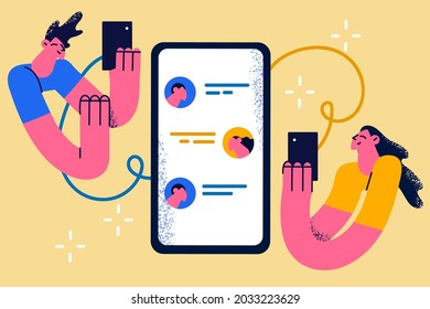 Online communication and chat concept. Two young people man and woman couple cartoon characters holding smartphones screens during online chat vector illustration 