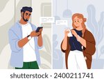 Online communication in online chat. Happy characters using, holding smartphones, messenger, texting messages at distance. Couple correspondence in mobile cell phones. Flat vector illustration