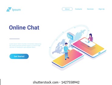 Online Communication Chat isometric flat illustration. People talking worldwide using smartphone computer mobile phone devices