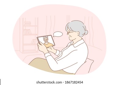 Online communication, chat, modern technologies concept. Senior elderly woman cartoon character sitting at home with tablet and communicating with son or husband online vector illustration