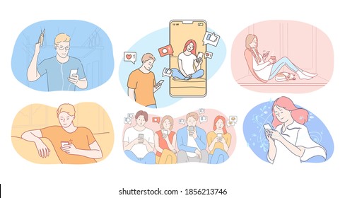 Online communication and chat on smartphone concept. Girls and boys teens cartoon characters chatting, searching for information, messaging and dating online using smartphones indoors and outdoors 