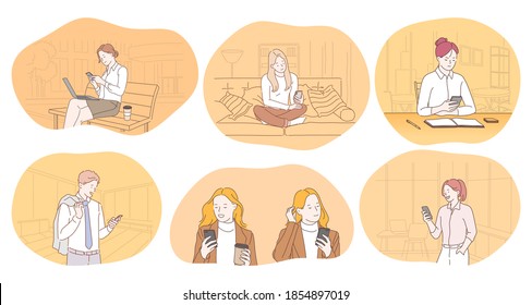 Online communication, chatting, dating concept. Smiling people and office workers using using smartphones for searching information, sharing posts, dating, chatting, communicating online illustration