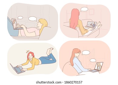 Online communication, chatting, e-learning concept. Young women cartoon characters communicating online with friends, studying watching distant courses and searching for information illustration