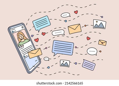 Online communication and chatting on modern cellphone device. Social media notifications and email on smartphone gadget. Communicating on internet. Flat vector illustration. 