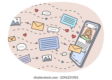 Online communication and chatting on modern cellphone device. Social media notifications and email on smartphone gadget. Communicating on internet. Flat vector illustration.