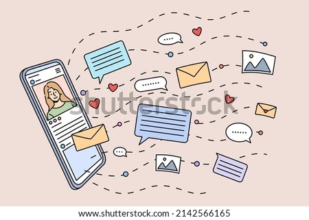 Online communication and chatting on modern cellphone device. Social media notifications and email on smartphone gadget. Communicating on internet. Flat vector illustration. 