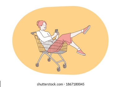 Online communication, chatting, smartphone concept. Young smiling woman sitting in shopping cart, communicating on smartphone and having fun vector illustration 