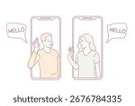 Online Communication, chatting and technologies concept. Young people woman and man looking at each other from smartphone screen greeting feeling cheerful vector illustration