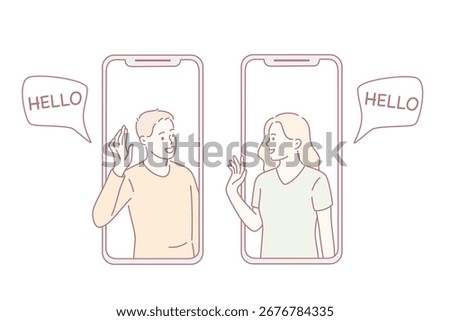 Online Communication, chatting and technologies concept. Young people woman and man looking at each other from smartphone screen greeting feeling cheerful vector illustration