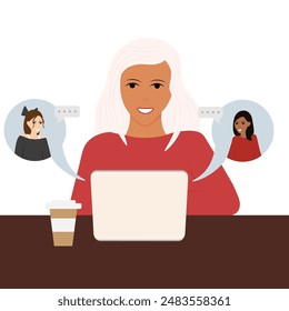 Comunicación online de compañeros de trabajo. Trabajadores hablando en un hangout virtual a distancia