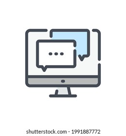 Online communication color line icon. Computer with message boxes vector outline colorful sign.