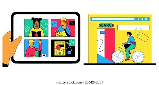 Online communication- colorful flat design style illustrations with trendy characters. Vivid images of students studying remotely, tablet and browser search bar. E-learning and website support idea