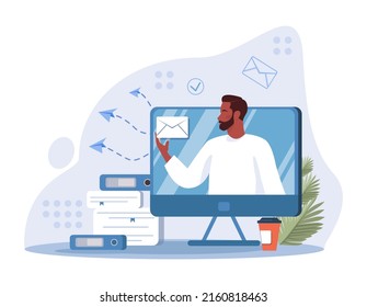 Concepto de comunicación en línea. Caracteres con tecnologías digitales inteligentes. Videoconferencia y chat a través de un dispositivo con conexión a Internet. Comunidad de medios sociales. Ilustración vectorial plana