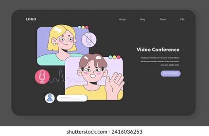 Online Communication concept. A cheerful woman and a friendly man video chatting, with microphone and user icon symbols. Engaging virtual conversation, modern connectivity. Flat vector illustration.