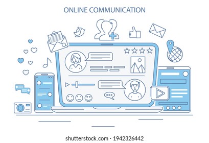 Online Communication Concept Contour Linear Style Include of Chat, Conference and Webinar . Vector illustration of Lineart