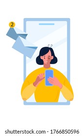 Online communication concept in flat style with young woman using smartphone to send messages. Chat illustration isolated on white with smiling girl, device screen, messages, envelopes, notifications