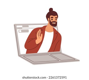 Online communication concept. Man gesturing hi during remote virtual call. Business person on laptop computer screen at live video webinar. Flat vector illustration isolated on white background