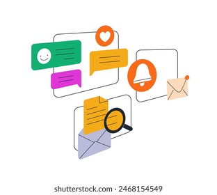 Online communication concept. Notifications, mail letters, messages, feedback, alert in digital services. Internet correspondence, social media. Flat vector illustration isolated on white background