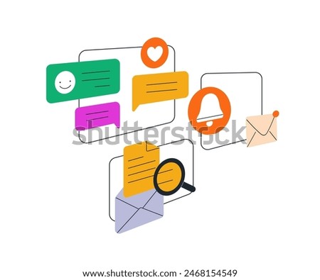 Online communication concept. Notifications, mail letters, messages, feedback, alert in digital services. Internet correspondence, social media. Flat vector illustration isolated on white background