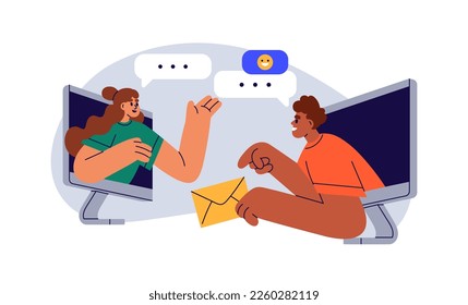 Online communication concept. People chatting through internet, texting messages, e-mails with computers. Remote virtual distant correspondence. Flat vector illustration isolated on white background