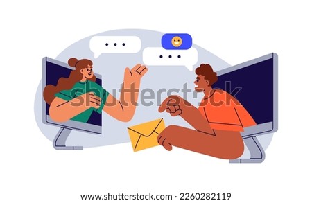 Online communication concept. People chatting through internet, texting messages, e-mails with computers. Remote virtual distant correspondence. Flat vector illustration isolated on white background