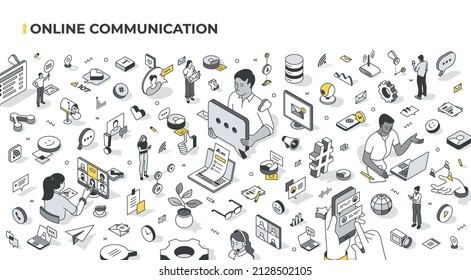 Online communication concept. People use various methods to communicate such as: text messaging, email, video call. They connect, receive information via the internet. Isometric illustration