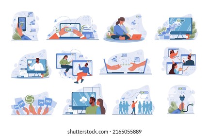 Online communication concept set. Characters with smart digital technologies. Video conferencing and chatting through device with internet connection. Social media community. Flat vector illustration