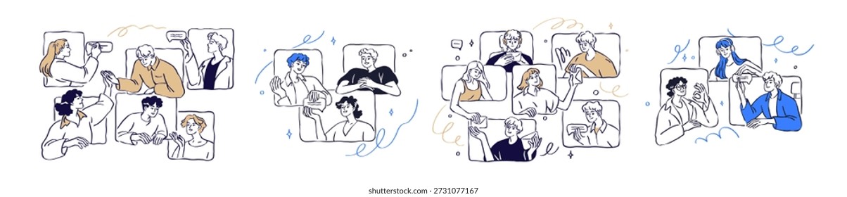 Online communication concept set. Team video calls, group chats, remote meetings, business conversations. People networking, virtual videocall. Flat vector illustration isolated on white background