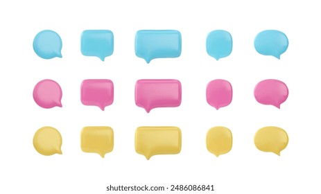 Online communication concept. Set of vector 3D illustrations with empty dialog boxes of various shapes, pink, blue and yellow colors on an isolated white background.