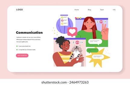 Online communication concept. Vector illustration depicting diverse women engaging in digital interaction with emojis and likes.