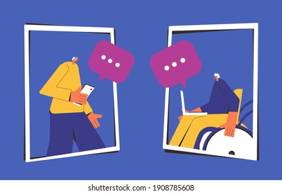Online communication concept. Virtual connection. Mature characters with phone and laptop talking. Senior man and woman wearing in casual clothes text a message each other. Vector flat illustration.