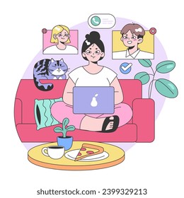 Online communication concept. Woman video calls friends on laptop from cozy living room, accompanied by a cat, enjoying tea and pizza. Digital connection at leisure. Flat vector illustration.