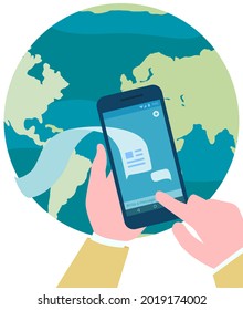 Online communication concept. Writing message by phone. International network for sending emails via Internet worldwide. Earth with outlines of continents and ocean. Application on smartphone screen