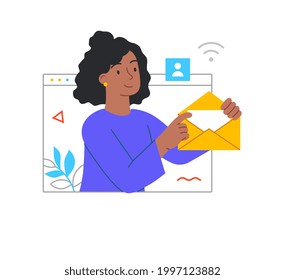 Online communication concept with a young cute girl holding a virtual envelope in her hands. Outline flat cartoon minimal style vector illustration isolated on white background. Abstract metaphor