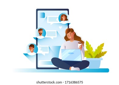 Online communication concept with young smiling girl sitting with laptop. Vector chat illustration with smartphone screen, users’ avatars in virtual contact list. Digital internet dialogue banner