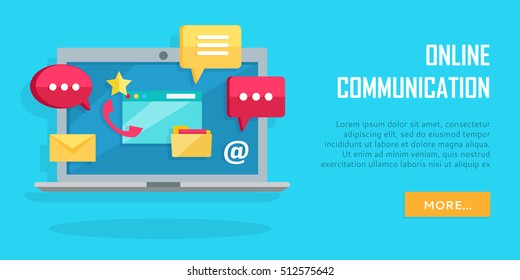 Online communication conceptual banner. Laptop with chat web conversation signs. Interface dialog, talk button, application speech balloon, message, sms, email. App icon flat style design. Vector