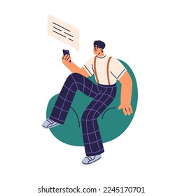 Comunicación en línea, concepto de correspondencia. Hombre enviando mensajes de texto, leyendo mensajes con teléfono móvil. Persona charlando por internet con un smartphone. Ilustración vectorial plana aislada en fondo blanco