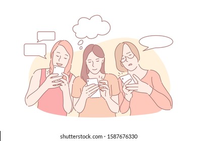 Online communication, correspondence, message app concept. Messaging, chatting, positive and negative emotions, good and bad news, young women with smartphones and speech bubbles. Simple flat vector