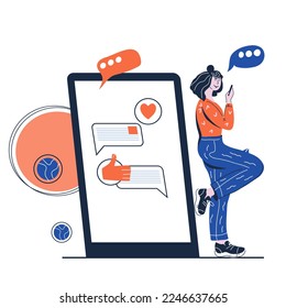 Online communication, dialog and conversation in chat flat vector illustration isolated on white background. Woman messaging online in mobile phone app.