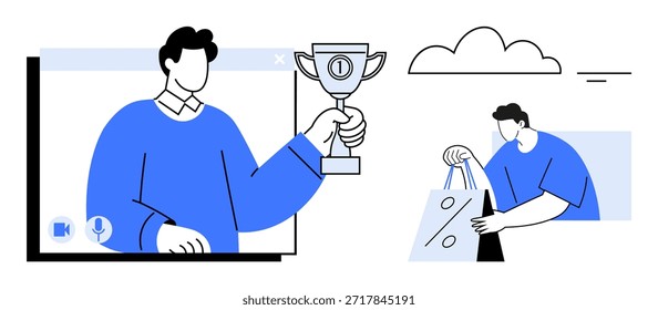 Comunicação online, conquista digital, e-commerce, sucesso, compras online, trabalho em equipe. Pessoa segurando um troféu, outra carregando sacolas. Realização digital e comércio eletrônico