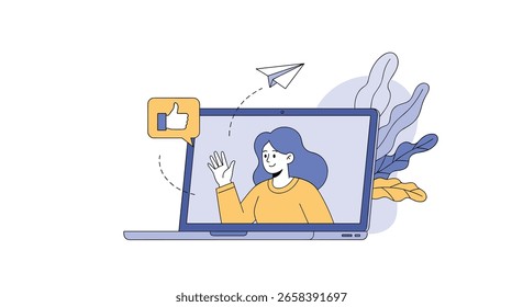 Comunicação on-line e interação digital através de uma tela de laptop mostrando uma pessoa amigável acenando olá