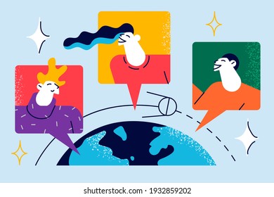 Online communication during Coronavirus pandemic concept. People cartoon characters communicating through social networks online during quarantine coronavirus vector illustration
