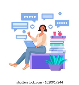 Online communication or education concept with sitting woman using laptop, working at home in internet. Virtual conversation illustration with freelancer, books. Online communication flat design 