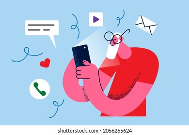 Online communication and elderly people concept. Mature positive man cartoon character standing looking at smartphone screen searching in internet vector illustration